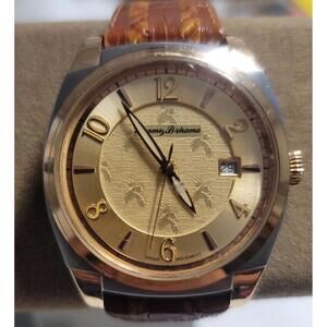 Vintage 90's TOMMY BAHAMA Analog Gold Tone Watch with Date - Leather Strap